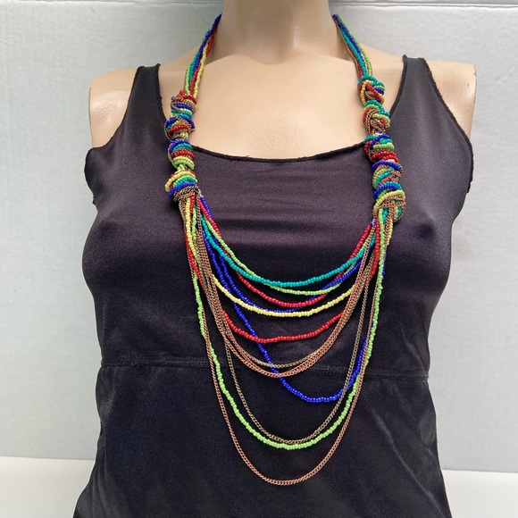 SW/WS Vintage multicoloured seed beads and chain statement necklace. Pre-owned. - Picture 1 of 7